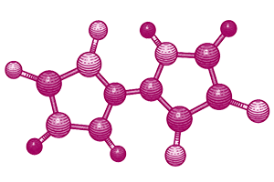 Ilustración de una molécula de resveratrol, compuesto natural contenido en alfa RXP que favorece vitalidad y bienestar celular.